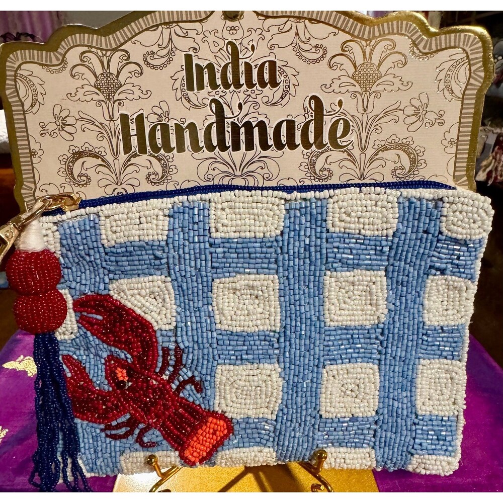 Handcrafted In India Beaded Checked Lobster Clutch Pouch NWT